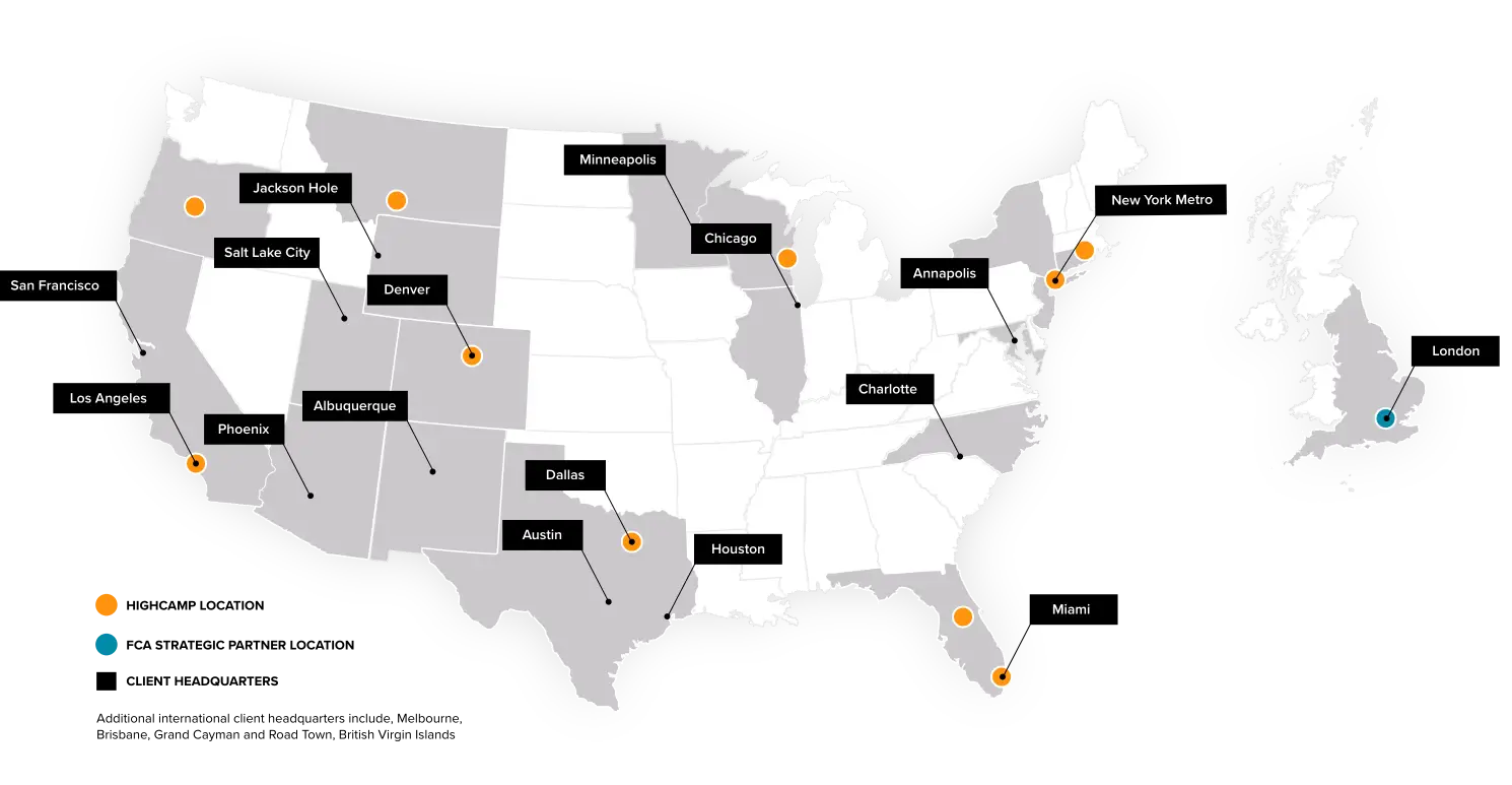 US & UK map of HighCamp Compliance and client locations